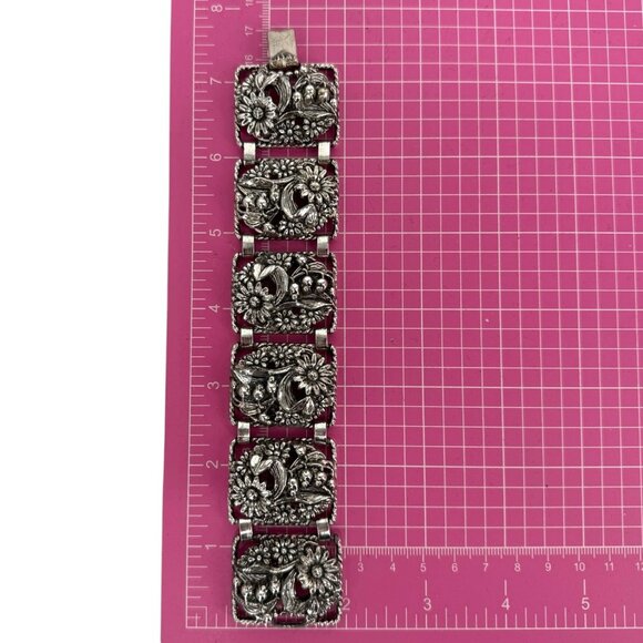 Vintage Sarah Coventry Floral SilverTone Panel Bracelet Antique Garden Sunflower - Picture 7 of 12